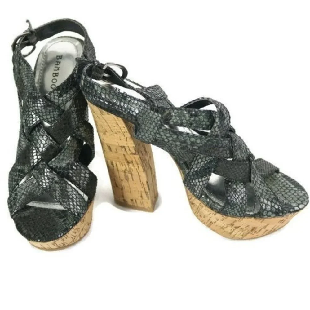 Bamboo Nanette Shoes Heels‎ Sandals Platform Black Silver Snake Cork 7.5